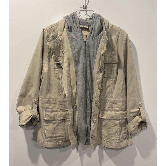 DKNY Jeans Tan Mixed Media Hooded Utility Jacket Womens XL - Picture 2 of 6